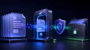 KYC 文件透過官方入口安全上傳的抽象示意圖